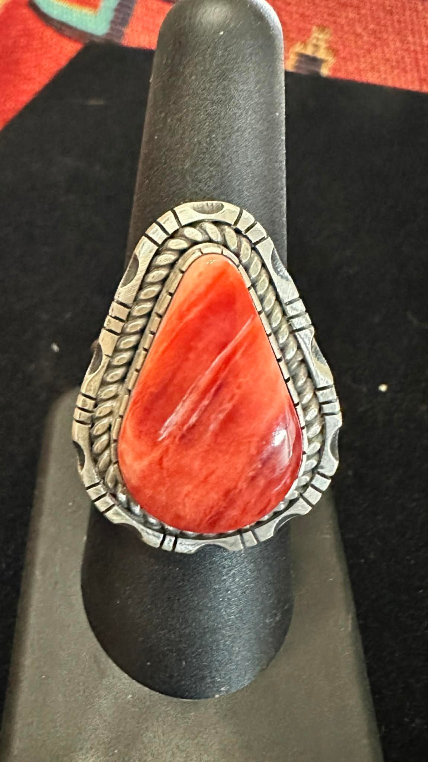 Sterling Silver Orange Spiny Oyster Teardrop Ring SZ 8 by WBV - Native American Jewelry Walter Vandever