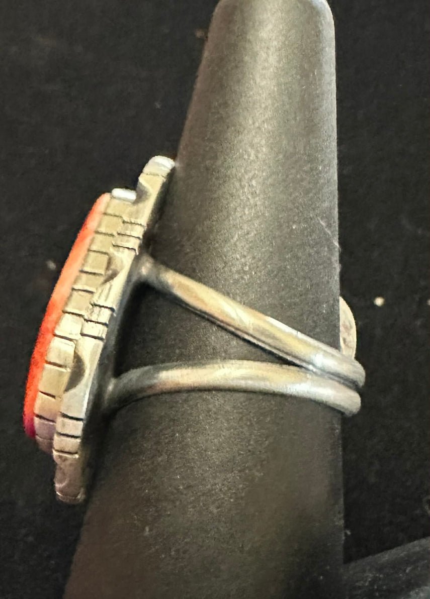 Sterling Silver Orange Spiny Oyster Teardrop Ring SZ 8 by WBV - Native American Jewelry Walter Vandever