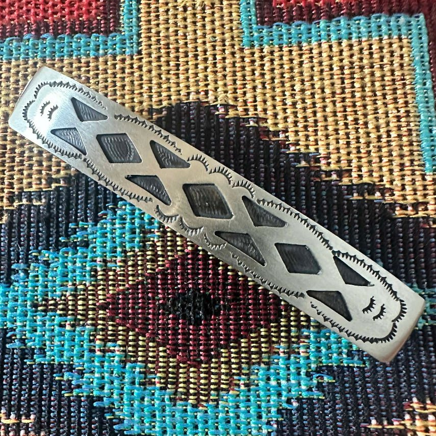 Sterling Silver Overlay Geometric Pattern Hair Clip by Navajo Ralph Bia - Native American Jewelry Ralph Bia
