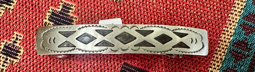 Sterling Silver Overlay Geometric Pattern Hair Clip by Navajo Ralph Bia - Native American Jewelry Ralph Bia