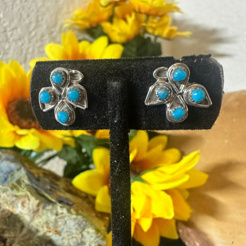 Sterling Silver Mini Thunderbird Post Earrings with Petit Point Turquoise by Herbert Lastiyano - Native American Jewelry Herbert Lastiyano
