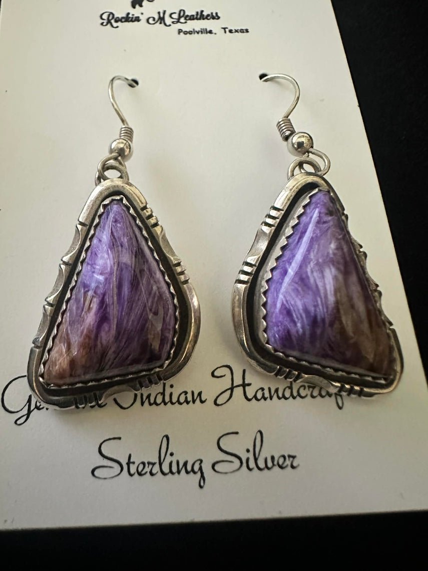 Sterling Silver Purple Charoite Dangle Earrings by W. J Johnson - Native American Jewelry W.J. Johnson