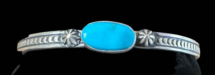 Sterling Silver & Sleeping Beauty Turquoise Bracelet Signed - Native American Jewelry Rockin' M Leathers