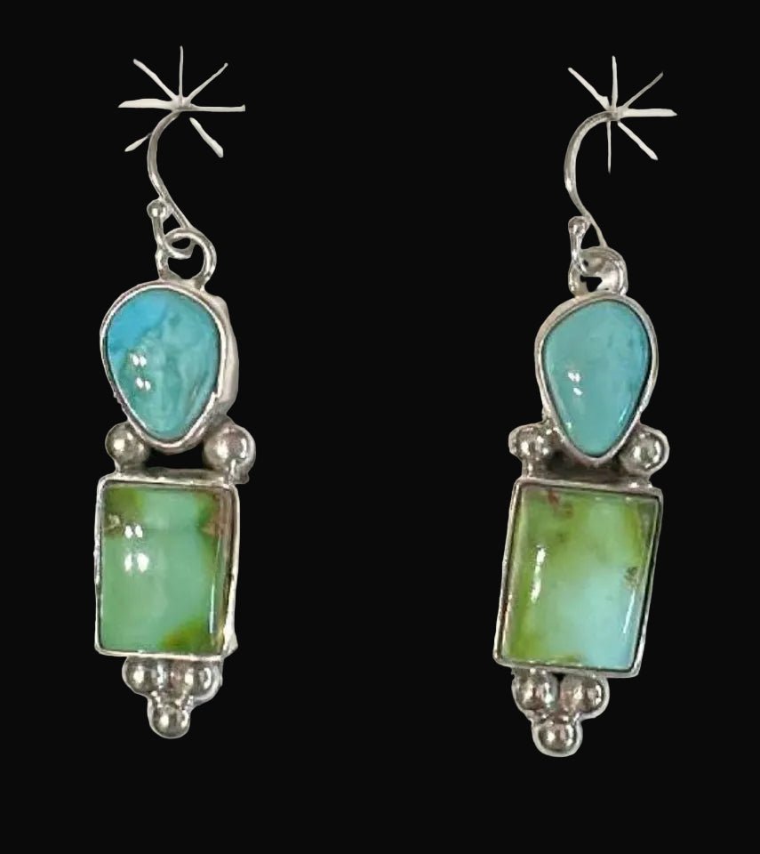 Sterling Silver Sonoran Gold Two-Stone Dangle Earrings By Sonora Candlelaria - Native American Jewelry Sonora Candlelaria