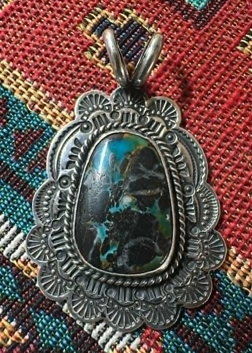 Sterling Silver Stamped Border BlackJack Pendant by Sunshine Reeves - Native American Jewelry Sunshine Reeves