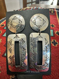 Sterling Silver Stamped Rectangle Long Dangle Earrings by Harold Joe - Native American Jewelry Harold Joe