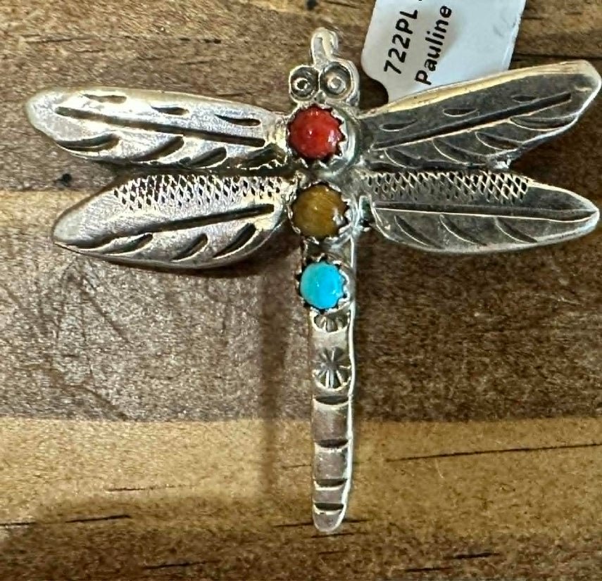 Sterling Silver Turquoise & Coral 3 Stone Dragon Fly Pin by Pauline Nelson - Native American Jewelry Pauline Nelson