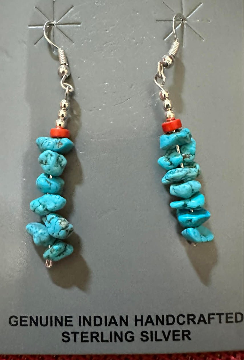 Sterling Silver Turquoise & Coral Heshi Bead Earrings by Native American Elder Artisan - Rockin' M Leathers