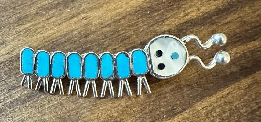 Sterling Silver & Turquoise Inlay Catepillar Pin by Emma Edoakie