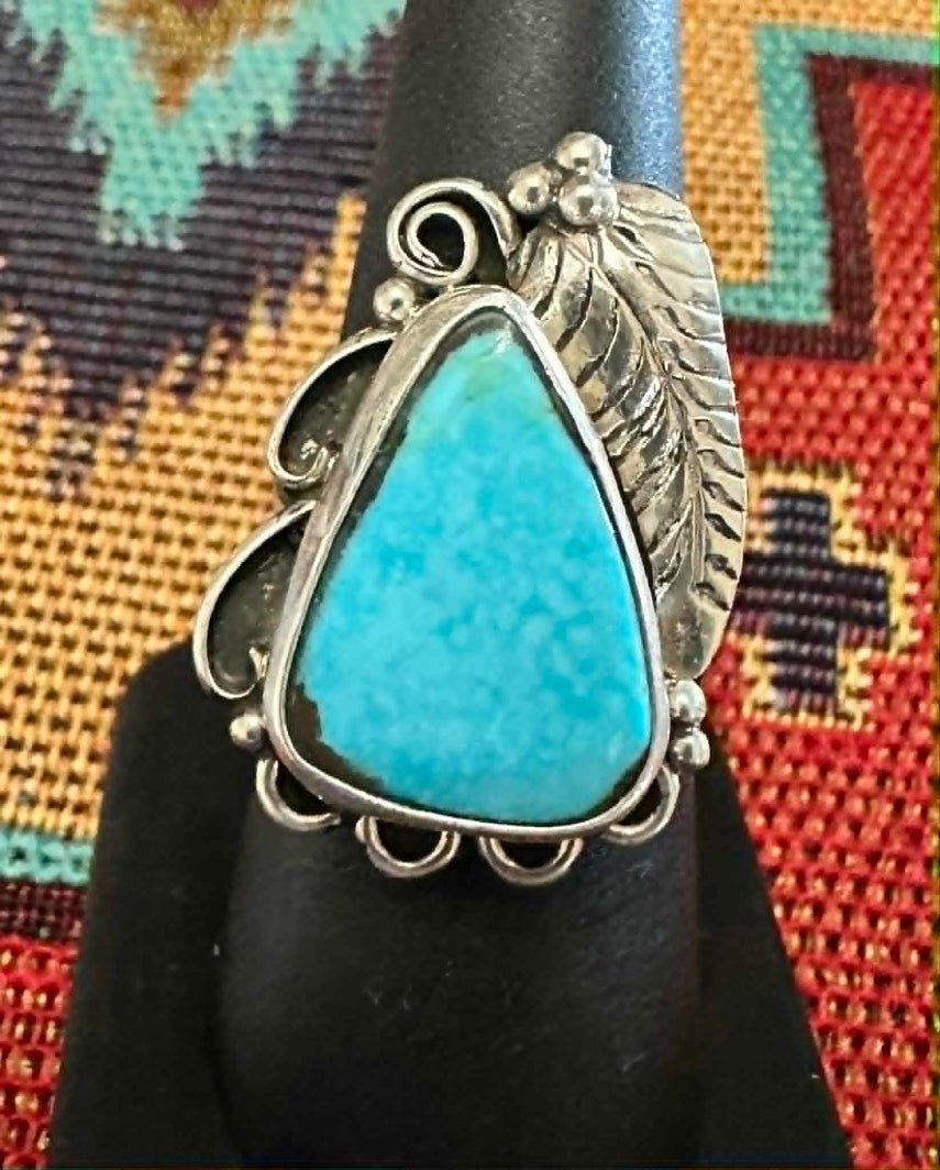 Sterling Silver Turquoise Leaf size 7.5 Ring Hallmarked J - Native American Jewelry J