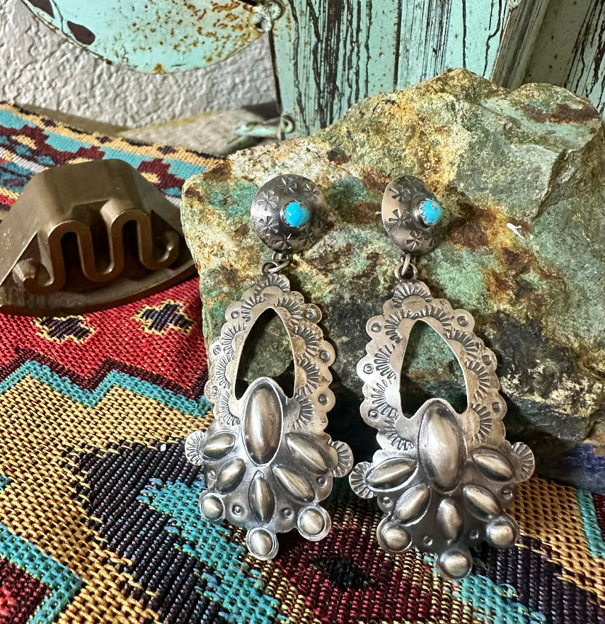 Sterling Silver & Turquoise Repoussé Post Dangle Earrings by Thomas Yazzie Navajo View 1