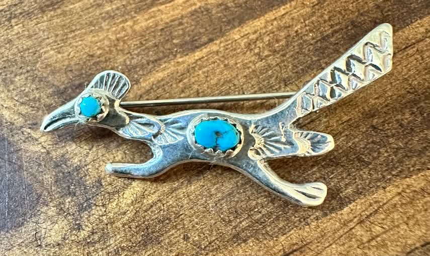 Sterling Silver & Turquoise Roadrunner Pin