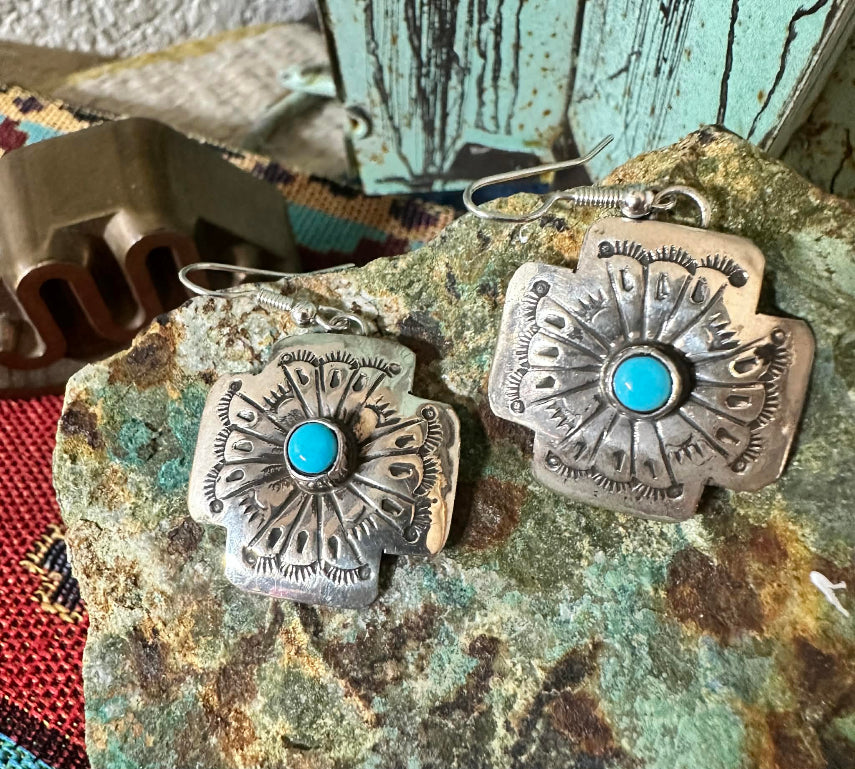 Sterling Silver and Turquoise Santa Fe Cross Dangle Earrings by Navajo artist Marcella James