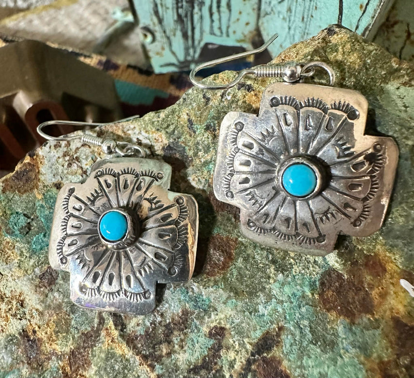 Sterling Silver & Turquoise Santa Fe Cross Dangle Earrings by Marcella James Closeup