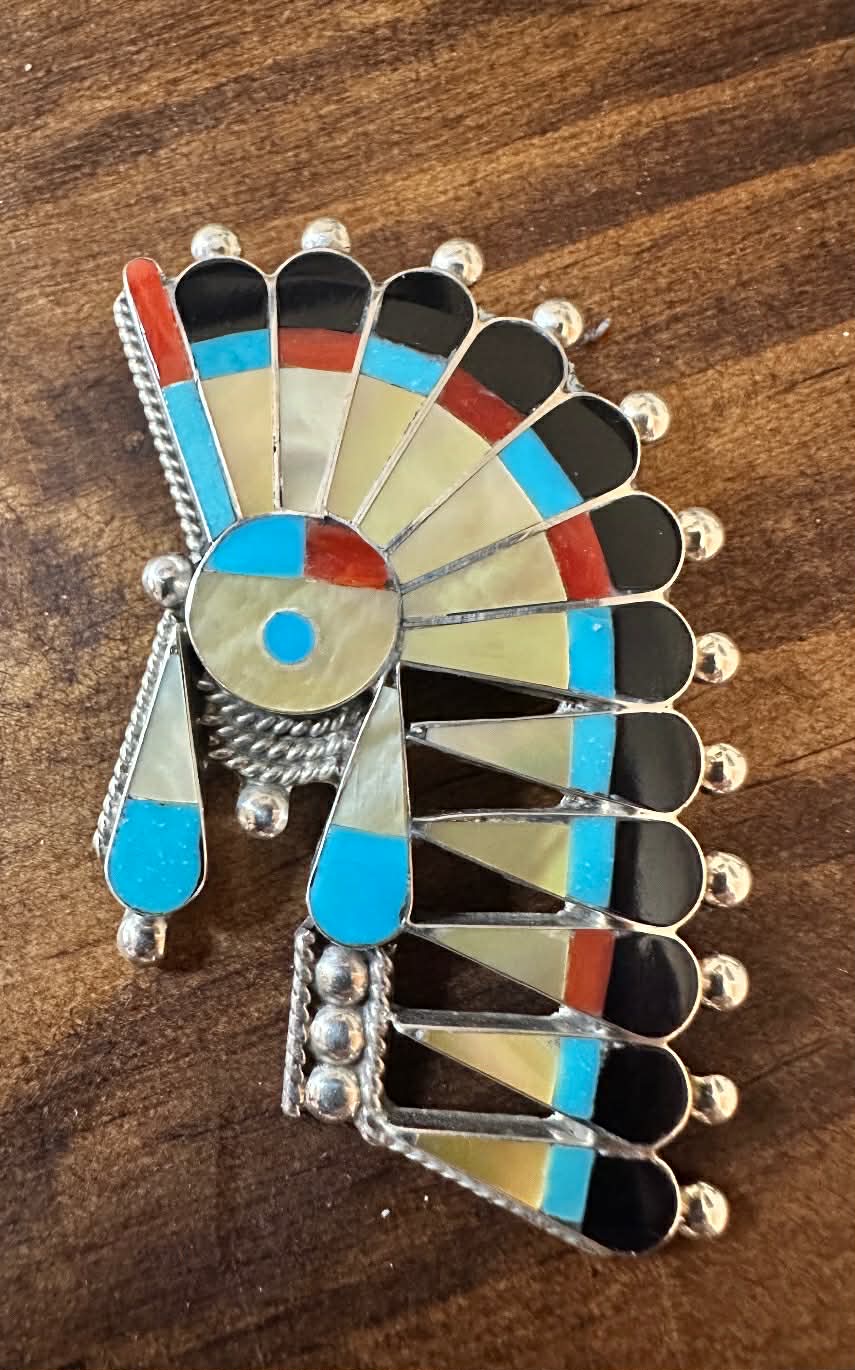 Sterling Silver Turquoise & Shell Inlay Chief Pin by Fabian Cellicion