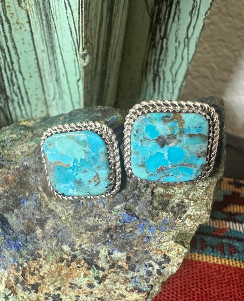 Sterling Silver Turquoise Square Silver Rope Edge Stud Earrings by Larry Etsitty - Native American Jewelry Larry Etsitty
