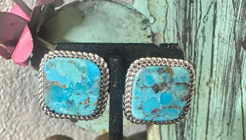 Sterling Silver Turquoise Square Silver Rope Edge Stud Earrings by Larry Etsitty - Native American Jewelry Larry Etsitty