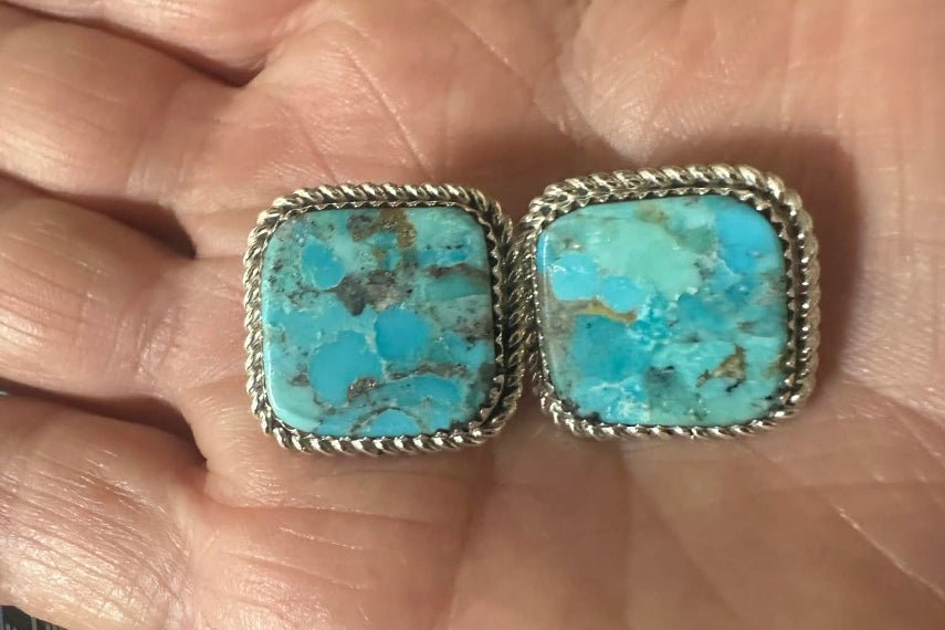 Sterling Silver Turquoise Square Silver Rope Edge Stud Earrings by Larry Etsitty - Native American Jewelry Larry Etsitty