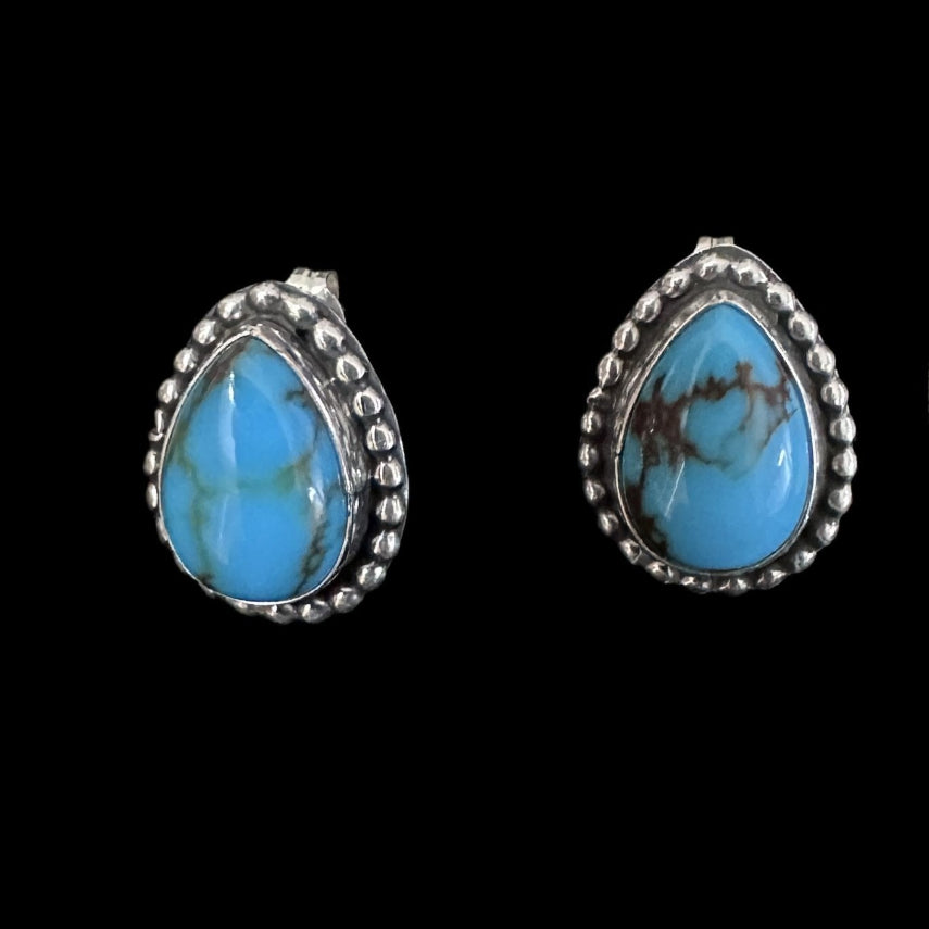 Sterling Silver Turquoise Teardrop Stud Earrings by Willie Cruz - Native American Jewelry Willie Cruz, Rockin' M Leathers