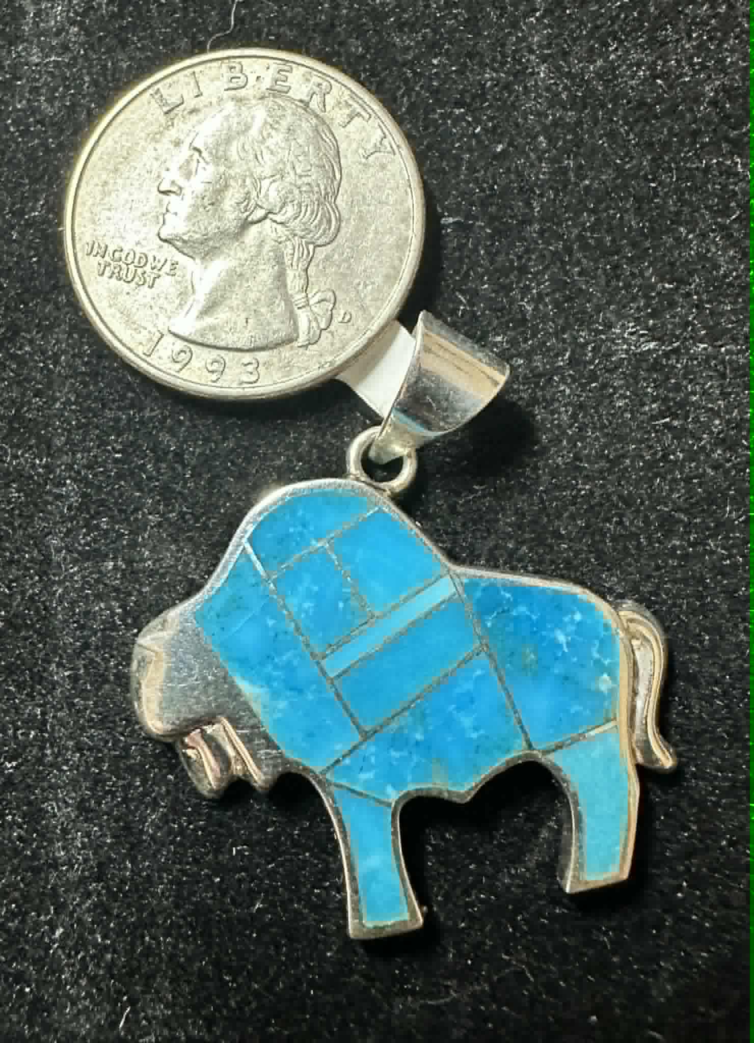 Sterling Silver Turquoise Zuni Inlay Buffalo Pendant by Silversmith (W) - Native American Jewelry Supersmith (W)