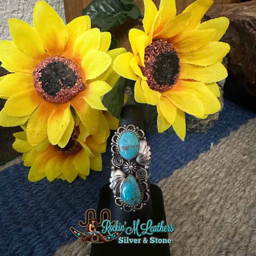 Sterling Silver Two Stone Turquoise Ring by Renee Yazzie Size 6-1/2 - Native American Jewelry Renee Yazzie