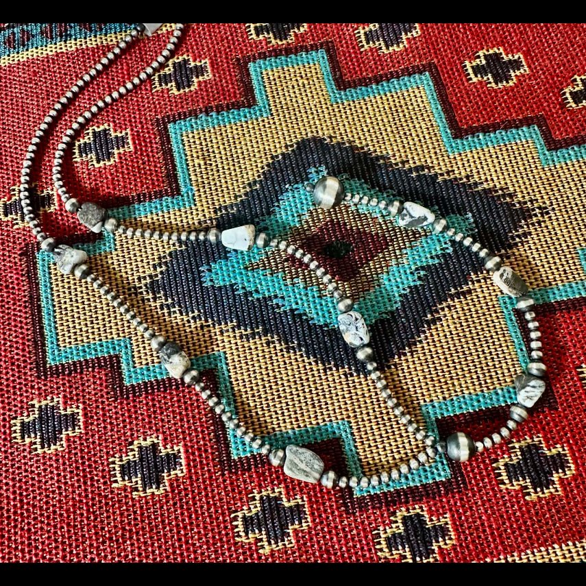 Sterling Silver White Buffalo Beaded Lariat Necklace - Native American Jewelry FAT