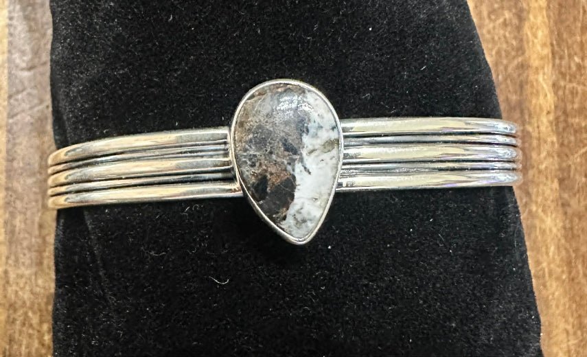 Sterling Silver White Buffalo Stone Cuff Bracelet - Native American Jewelry FAT
