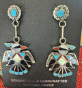 Sterling Silver Zuni Inlay Thunderbird Post Dangle Earrings by Adrian Wallace - Native American Jewelry Adrian Wallace
