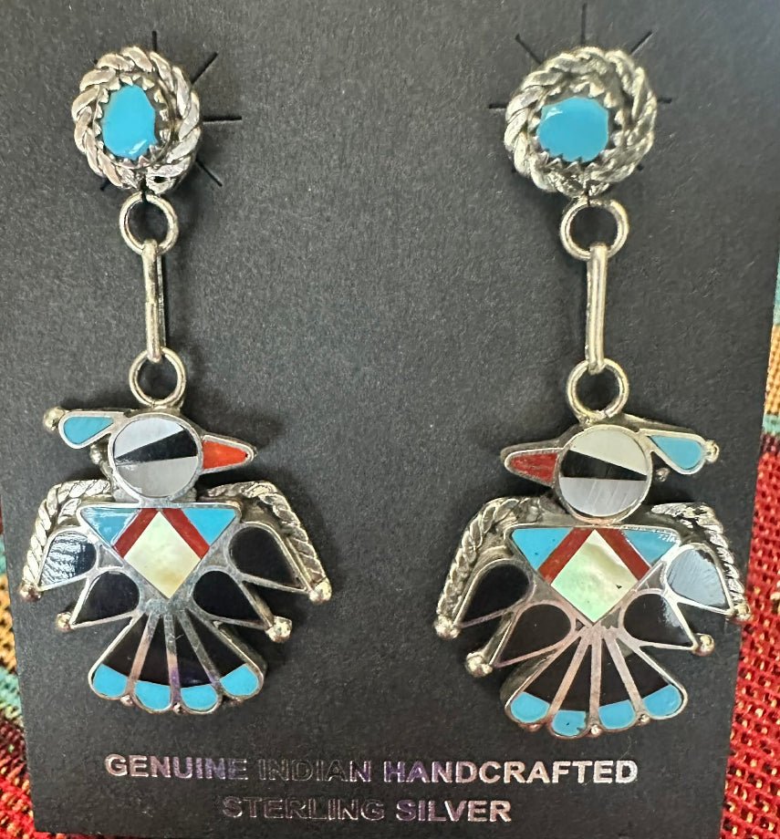 Sterling Silver Zuni Inlay Thunderbird Post Dangle Earrings by Adrian Wallace - Native American Jewelry Adrian Wallace