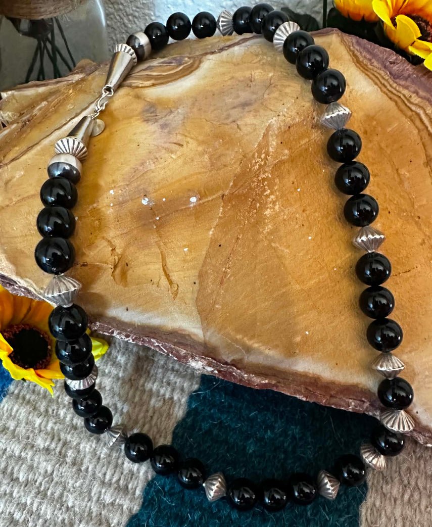Sterling Silver and Black Onyx Beaded Necklace by Fred Archuleta - Native American Jewelry Fred Archuleta