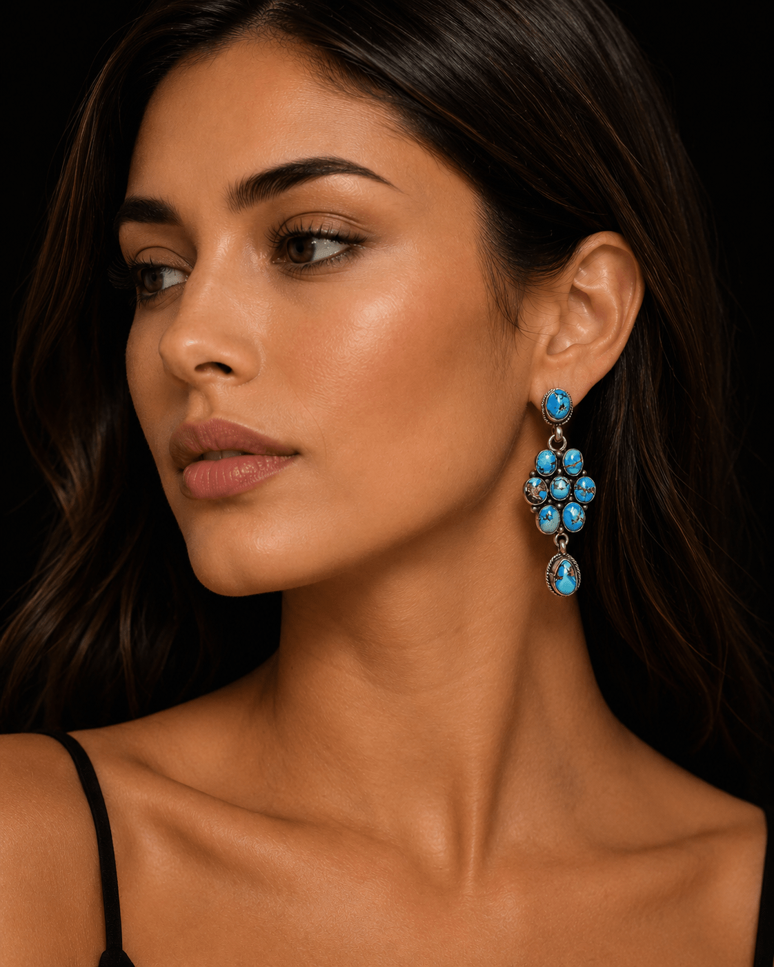 Sterling Silver & Golden Hills Cluster Dangle Earrings On Model by Running Brave - Native American Jewelry