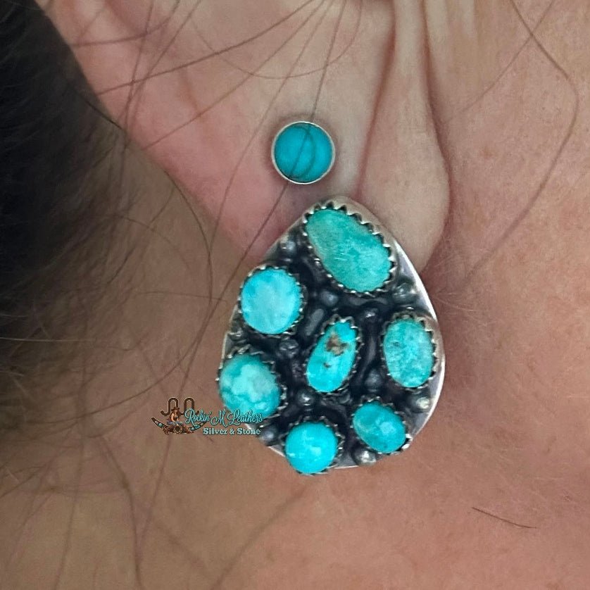 Sterling Silver and High Grade Kingman Cluster Earrings by P. Spencer - Native American Jewelry Pearlene Spencer