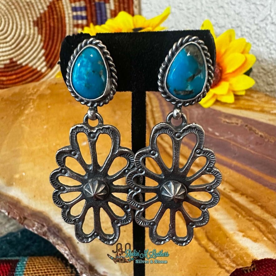 Sterling Silver and Kingman Turquoise Floral Dangle Stud Earrings by Kevin Billah - Native American Jewelry Kevin Billah