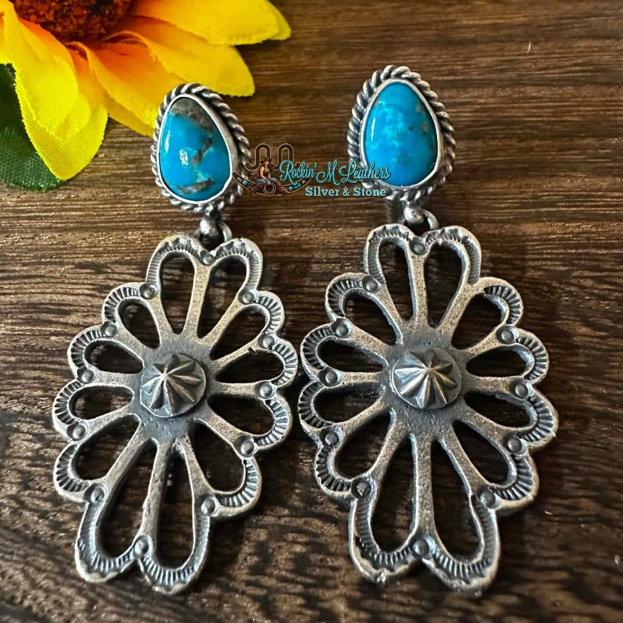Sterling Silver and Kingman Turquoise Floral Dangle Stud Earrings by Kevin Billah - Native American Jewelry Kevin Billah