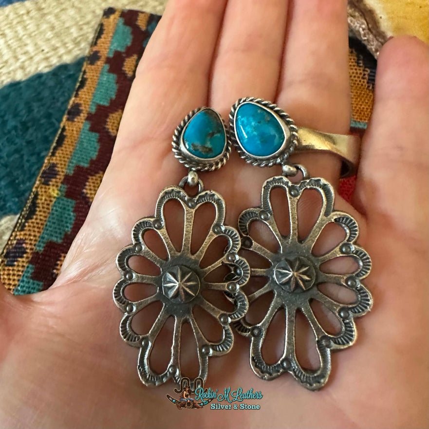 Sterling Silver and Kingman Turquoise Floral Dangle Stud Earrings by Kevin Billah - Native American Jewelry Kevin Billah