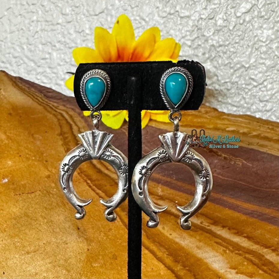 Sterling Silver and Kingman Turquoise Naja Dangle Stud Earrings by Verley Betone - Native American Jewelry Verley Betone