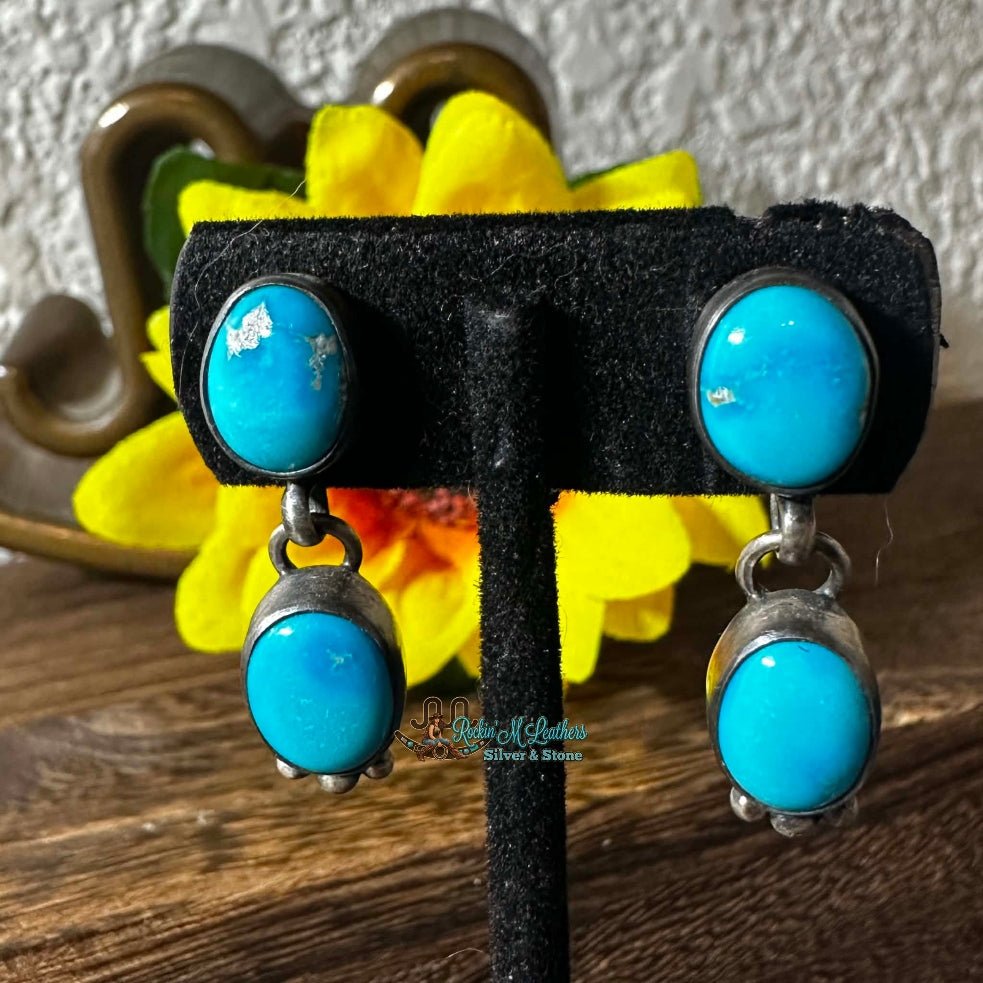 Sterling Silver and Kingman Turquoise Stud Earrings by A. Martin - Native American Jewelry A. Martin