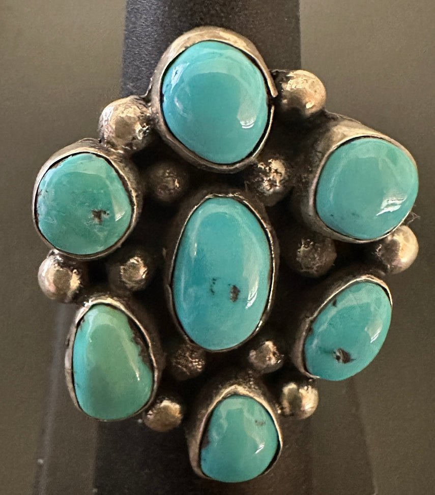 Sterling Silver and Turquoise 7 Stone Cluster Ring Size 7.25 - Native American Jewelry Rockin' M Leathers
