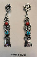 Sterling Silver with Turquoise and Coral Dangle Earrings by Renee Yazzi - Native American Jewelry Renee Yazzi