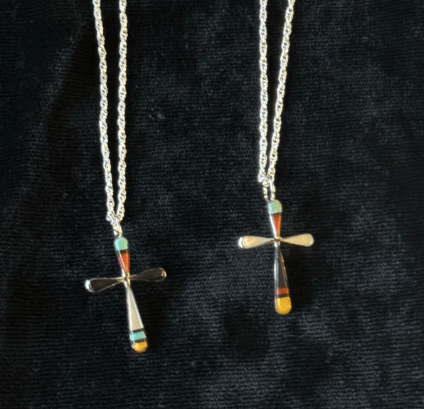 Zuni Inlay Cross Necklace – Sterling Silver & Kingman Turquoise - Sylvester Noche Native American Jewelry