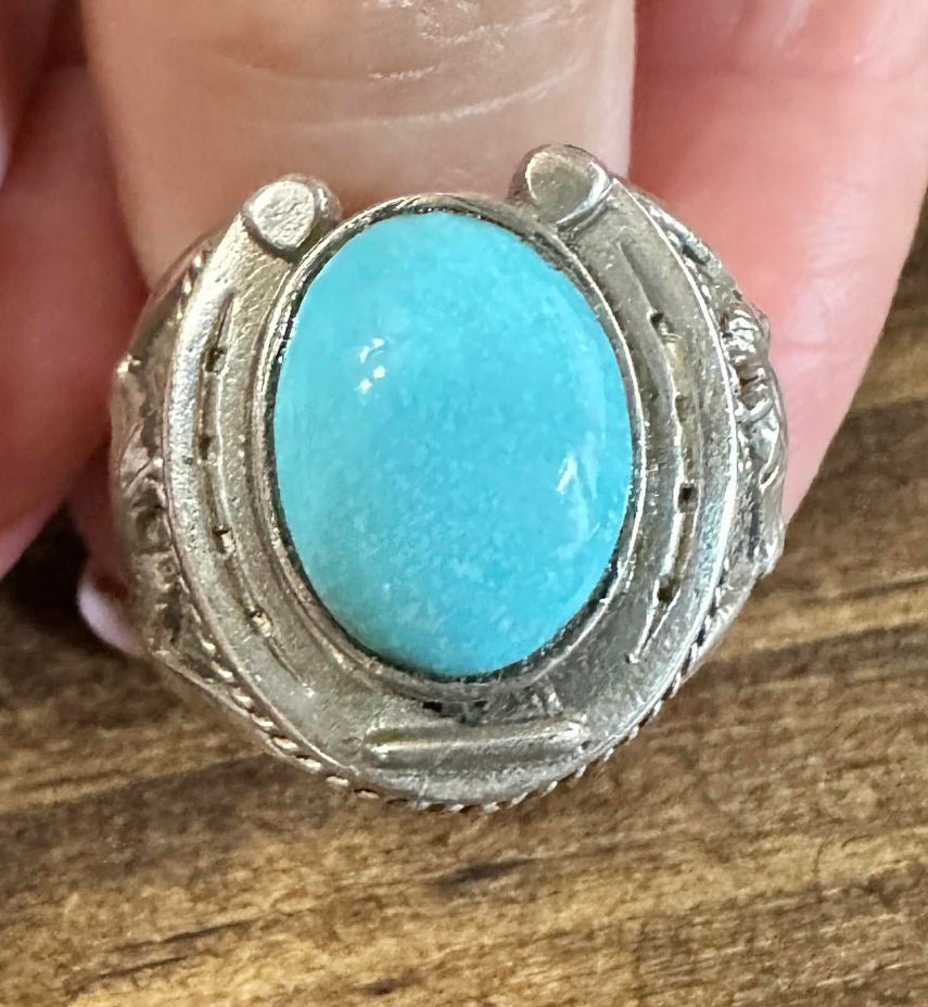 Vintage Sterling Silver & Campitos Turquoise Horse Ring Sz 8 - Native American Jewelry Rockin' M Leathers