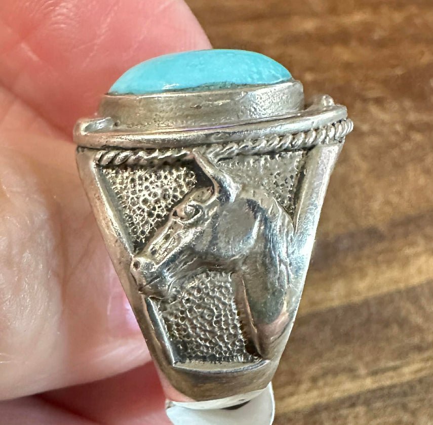 Vintage Sterling Silver & Campitos Turquoise Horse Ring Sz 8 - Native American Jewelry Rockin' M Leathers