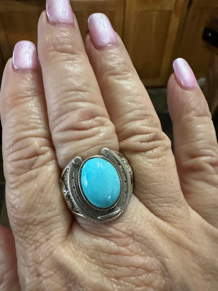Vintage Sterling Silver & Campitos Turquoise Horse Ring Sz 8 - Native American Jewelry Rockin' M Leathers