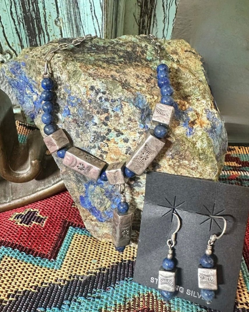 Vintage Navajo Square Bead and Blue Lapis Necklace and Earrings Set - Native American Jewelry Indigenous Artist