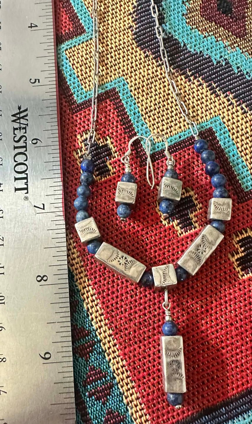 Vintage Navajo Square Bead and Blue Lapis Necklace and Earrings Set - Native American Jewelry Indigenous Artist
