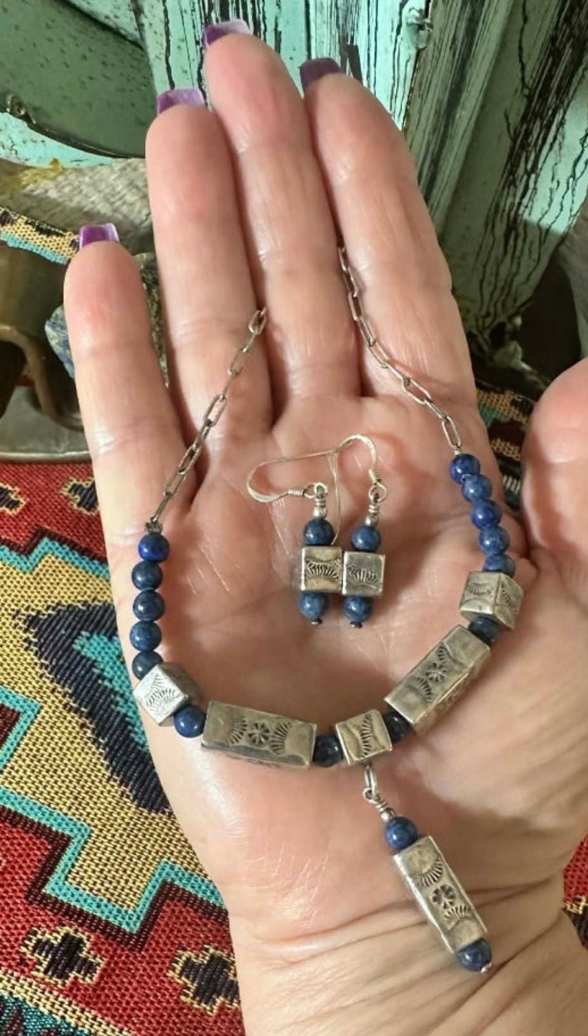 Vintage Navajo Square Bead and Blue Lapis Necklace and Earrings Set - Native American Jewelry Indigenous Artist