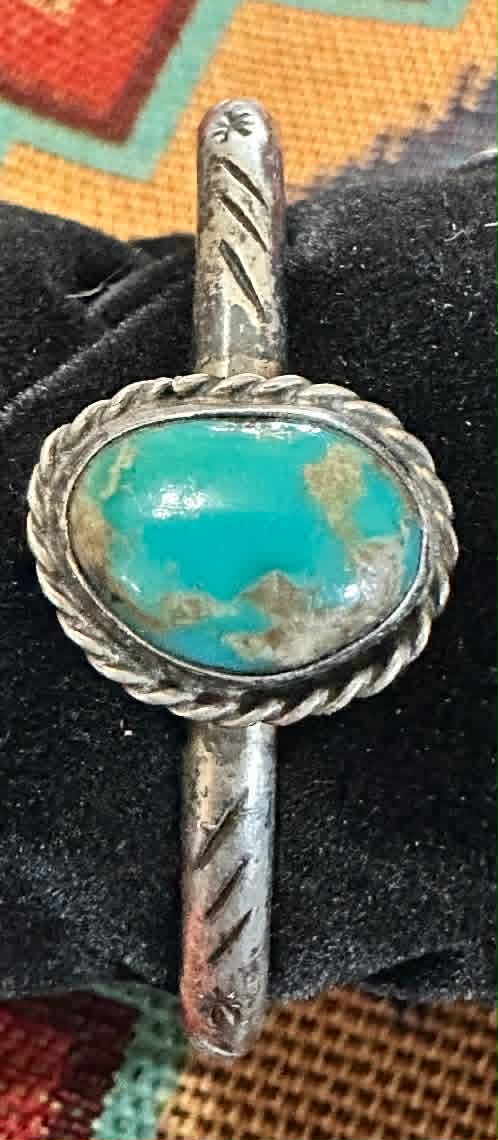 Vintage Navajo Sterling Silver & Single Round Stone Turquoise Baby Bracelet - Native American Jewelry Rockin' M Leathers
