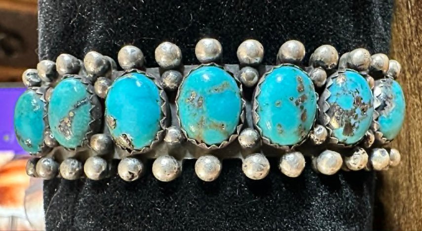 Vintage Navajo Sterling Silver & 7 Stone Turquoise Bracelet - Native American Jewelry Rockin' M Leathers