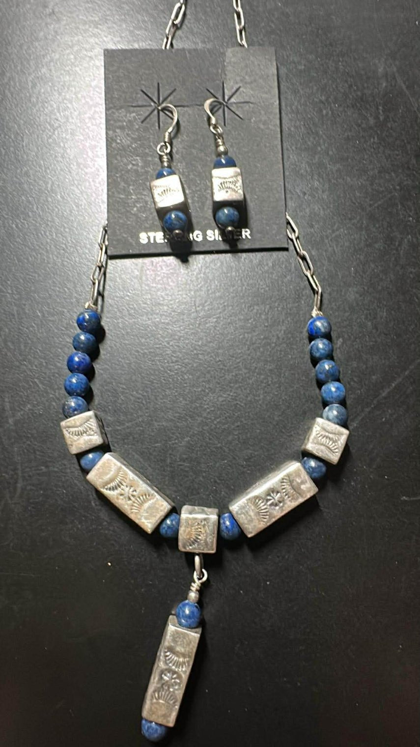 Vintage Navajo Square Bead and Blue Lapis Necklace and Earrings Set - Native American Jewelry Rockin' M Leathers