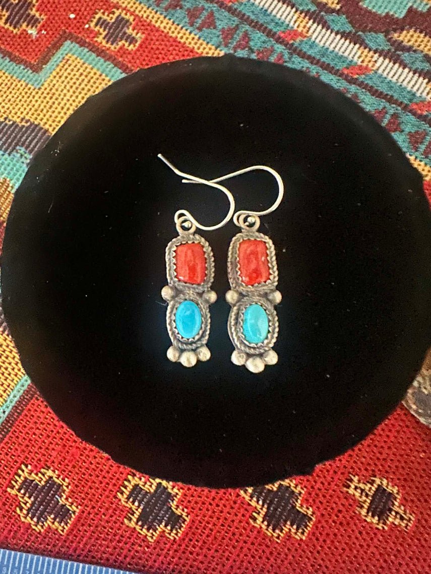 Vintage Sterling Silver Coral and Turquoise Dangle Earrings by LaRose and Archie Ganadonegro - Native American Jewelry LaRose Ganadonegro